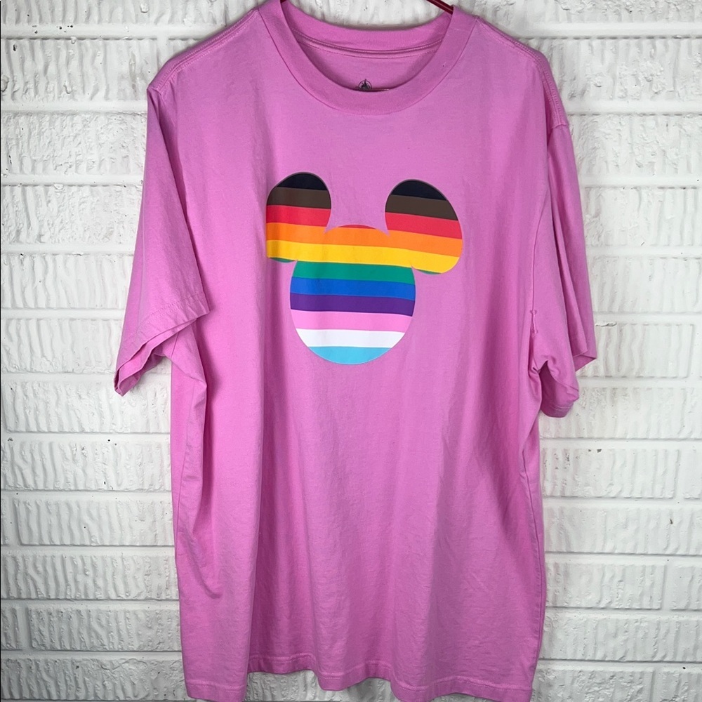 DisneyPink T-Shirt with Rainbow Mickey Design